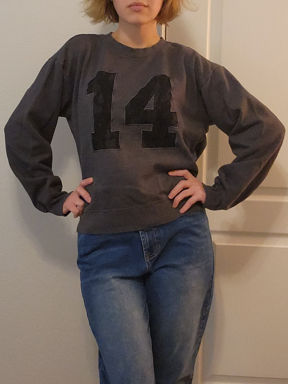 Forever 21 Grey Collegiate Varsity 14 Lace Crewneck Sweatshirt Pullover L